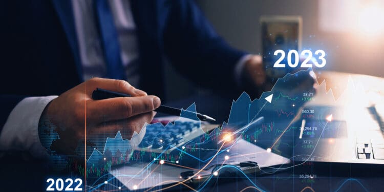Business increase arrow graph corporate future growth year 2022 to 2023. Planning,opportunity, challenge and business strategy.