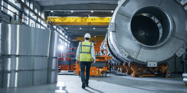 Following Shot of Heavy Industry Engineers Walking Through Manufacturing Factory. In the Background Professionals Working on Construction of Oil, Gas and Fuel Pipeline Transportation Products