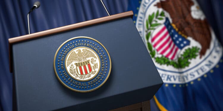 Federal Reserve System Fed of USA chairman press conference concept. Tribune with symbol and flag of Fedreal Reserve.