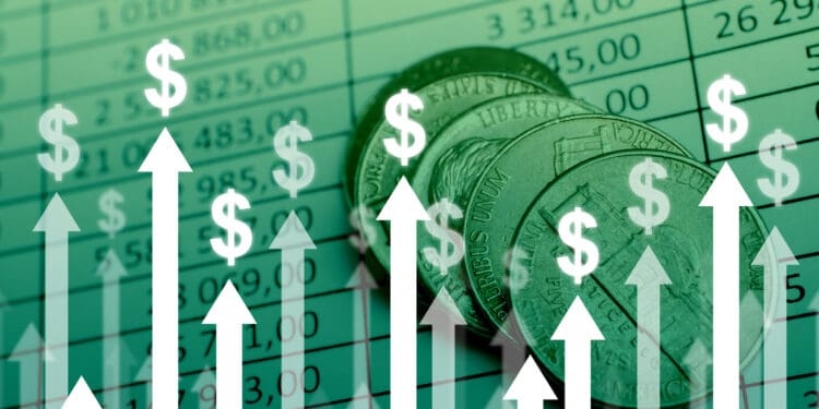 Dollar currency growth concept with upward arrows on charts and coins background