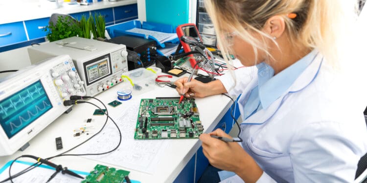 Female electronic engineer testing computer motherboard in laboratory