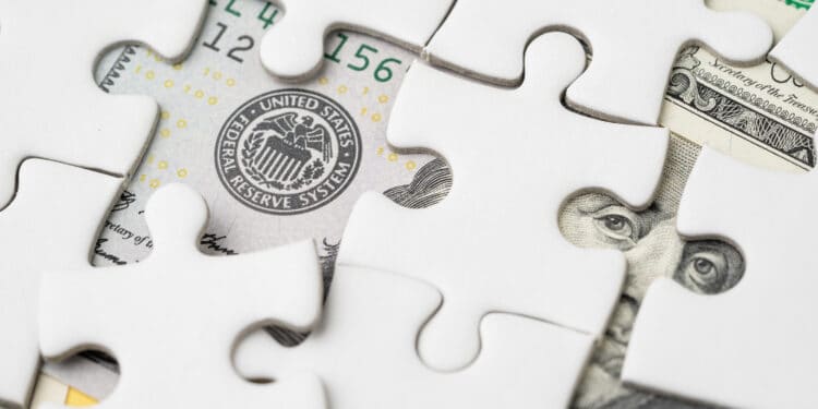 FED strategy of interest rate hike, United States of America financial or economics concept, jigsaw or puzzle reveals US Federal Reserve emblem and US ex president leader on dollars banknote