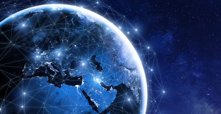 Global communication network around planet Earth in space, worldwide exchange