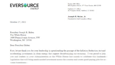 Letter from Eversource Energy CEO Joseph Nolan Jr. to President Biden New England Energy Crisis