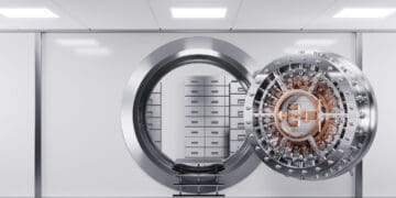 Bank vault door in premise bank. Safety concept. 3d render