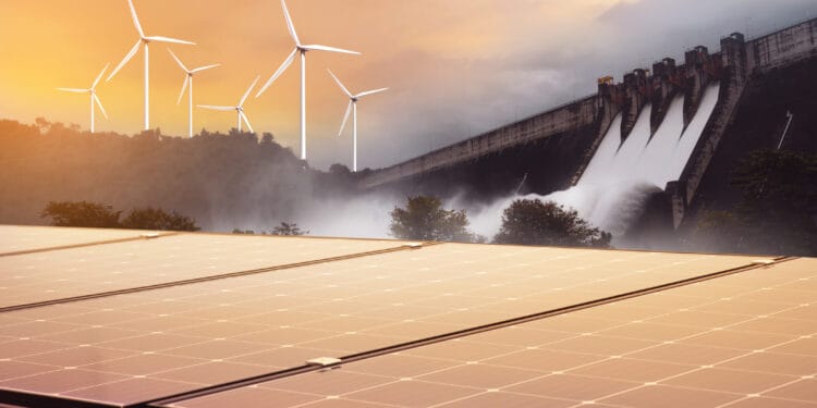 Electricity from solar panels, dams, and wind turbines. Environmentally-friendly renewable energy concept.