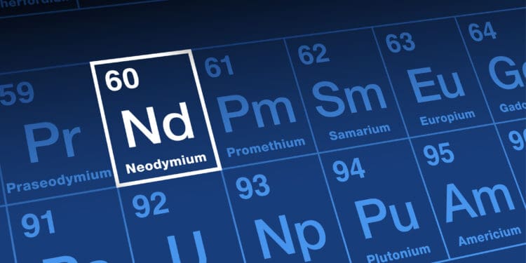 Neodymium, on periodic table. Rare earth metal in lanthanide series, with atomic number 60 and element symbol Nd, from Greek neos didymos, meaning new twin. Used for lasers and high strength magnets.