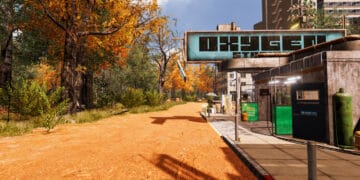 Neo city with cyberpunk style and natural environment. Futuristic landscape, 3D render